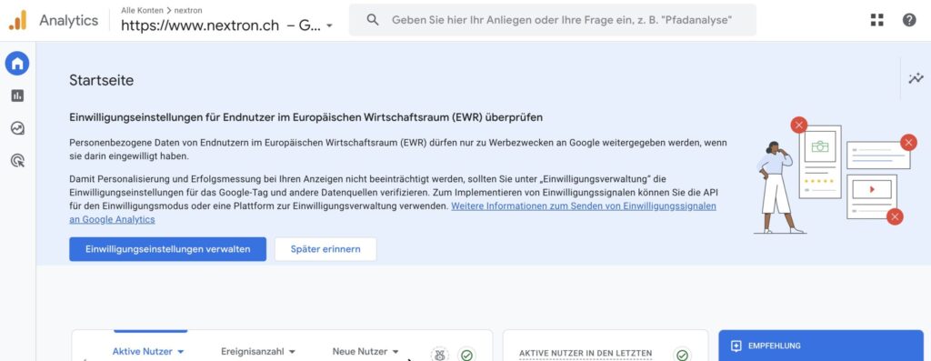 Screenshot von Google Analytics wo man aufgefordert wird, die Einwilligungseinstellungen zur überprüfen. 